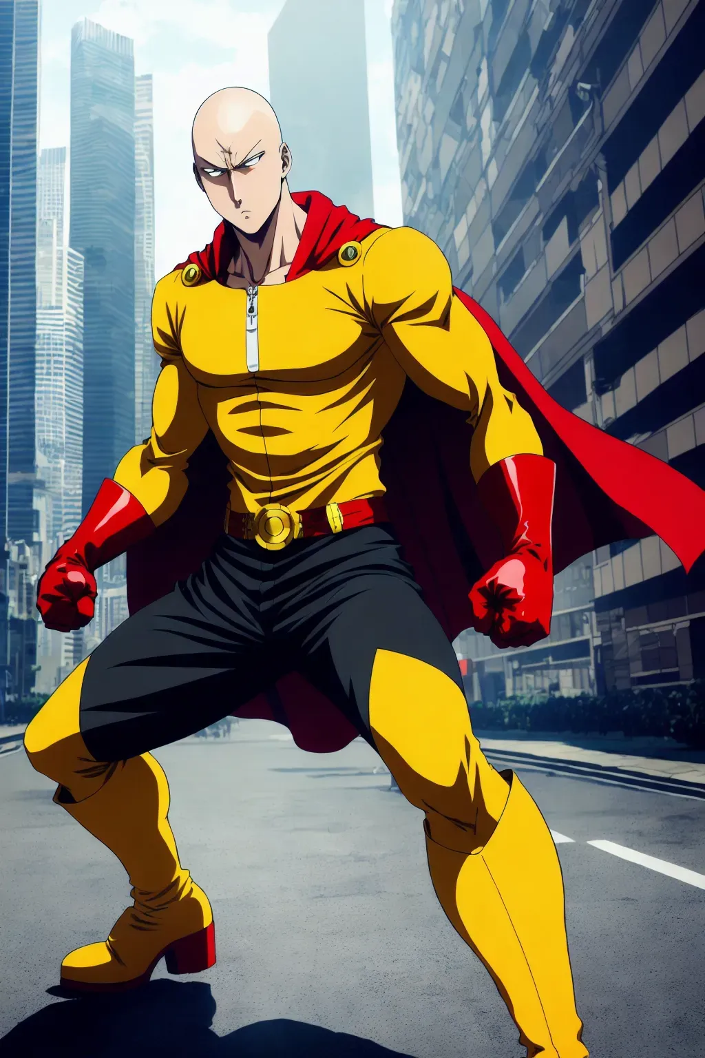 Dopamine Girl - One punch man, anime, bald head, 8k wallpaper, black eyes,  best quality, ultra hd, global lighting, hi-resolution, high quality,  yellow costume, white cape, red gloves, red boots, punching towards