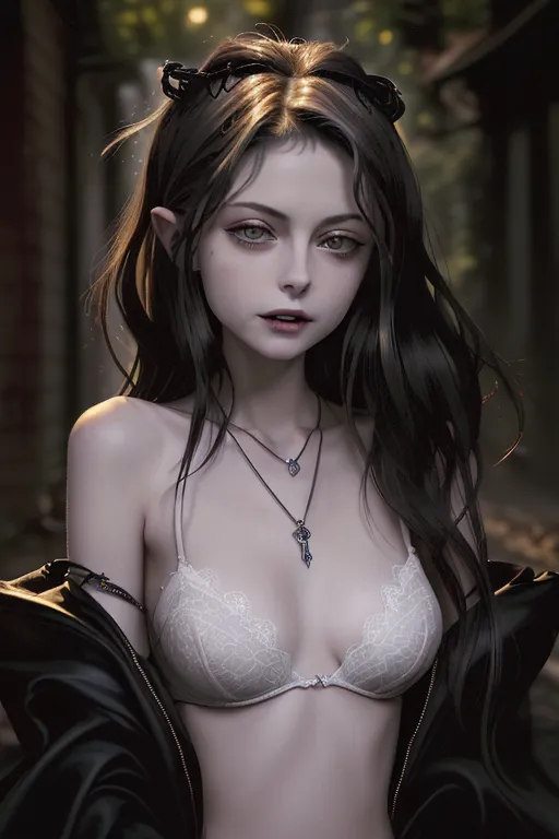 20 year old (((Willa Holland))), vampire, sharp teeth, ((long fangs)), (long flowing hair), dark 1800s alley, highly detailed facial image, 64k image, nude, lacey bra, pendant around neck,