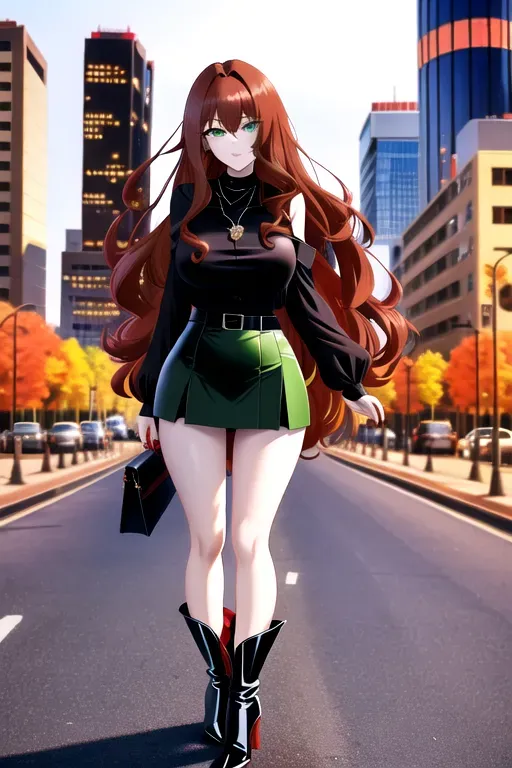 full body, chestnut hair, green eyes, short girl, red miniskirt, black high heel boots, looking at viewer, long hair, pale skin, black necklace, black blouse, 24 years old, giant breasts, cute face, pov, wavy hair, city environment, Oklahoma City