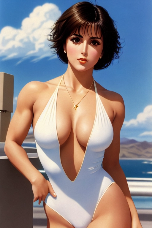 a colour painting of, young Nadia Comaneci, ((accurate face)), ((short brunette hair)), wearing white leotard, shooting from a high point,at the convenient store,amazing breasts,five slender fingers,wavy curtain bang,gorgeous face,beautiful lips,curved eyebrows,curved eyelid,pale skin,wearing necklace,unreal engine,editorial,cgsociety,sharp focus,pixiv