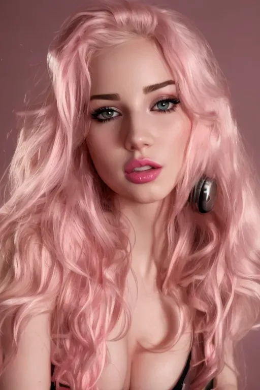 a photograph of, slutty bimbo, pale skin, big pink nipples, wearing pink headphones, wearing a slave collar, very long and wavy hair, blonde, naked, big breasts, five slender fingers, big hairy bush, beautiful lips, curved eyebrows, curved eyelid, beautiful eyes, professional, ultra realistic,, full head in view
