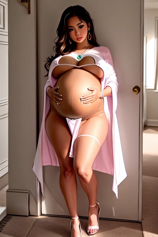 (((((((full body image))))))), ((I am looking at her from below)), ((((<lora:dpmg_upshirt:1>)))), (((very bashful Filipina princess))), (((slender body frame))), blushing deeply, (((((direct eye contact))))), ((((cute bashful face)))), (((((she is looking at me from below me))))), (((eager to eat))), ((((((she is very impatient)))))), ((((tight seductive skimpy open robe)))), (((((((belly and breasts fully exposed))))))), ((((((exposed bare belly)))))), ((((((huge bulging protruding swollen pregnancy belly)))))), (((gigantic pregnancy belly))), (((large breasts))), (((she wants to bite me))), ((she is very hungry)), ((blushing)), ((((perfect belly anatomy)))), wearing lots of jewelry, necklace, bracelets, anklets, earrings, huge appetite, (((she cannot stop eating))), (((I am her snack))), (((she wants to eat more))), ((((she is teasing me with her bulging belly)))), (((((she is very tempted to bite me))))), ((((((eager to eat more)))))), (((in a lavish temple))), ((((very bashful and shy)))), ((((sexy open toe high heels))))