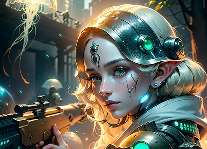 a photograph of, a beautiful elf female soldier wearing a futurist combat suit and holding a very powerful rifle is checking the area in a jellyfish forest, (integral modern armor covering the whole body), modern helmet, (beautiful face), highly detailed face, perfect green eyes, ((full face in frame)), ((close up face)), modern equipment in the hair, huge powerful rifle, looking around, <lora:dpmg_jellyfish_forest:1>, sci-fi, science fantasy, HDR, vivid colors, highest quality, highest resolution, (photorealist), photorealism, (masterpiece:1.4)