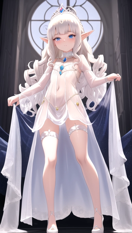 A small loli halfling elf princess, platinum blonde curly hair, she wears a transparent elven royal gown that shows her body underneath, regal look, pampered princess, royal outfit satin lace stockings, princess tiara
