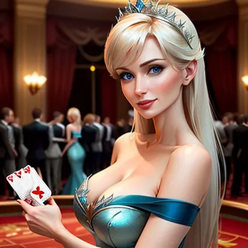 Anna in Las Vegas. playing cards in a casino with Elsa. low angle shot, 2 figures, different clothing.
Figure 1:
innocent, elegant, sweet, Anna of Arendelle 33 years old, Nordic, dark green dress, large natural round blue eyes, long auburn hair, sweet face, warm smile, soft curved eyebrows, smaller modest breasts. cards fanned in her hand.
Figure 2:
elegant, sensual, Elsa of Arendelle 37 years old, Nordic, light blue dress, large natural almond blue eyes, long platinum blond hair, sweet face, cold scheeming smile, arched eyebrows, moderate breasts. cards fanned in her hand.
five fingers per hand, ultra realistic, unreal engine, reduced saturation, adult