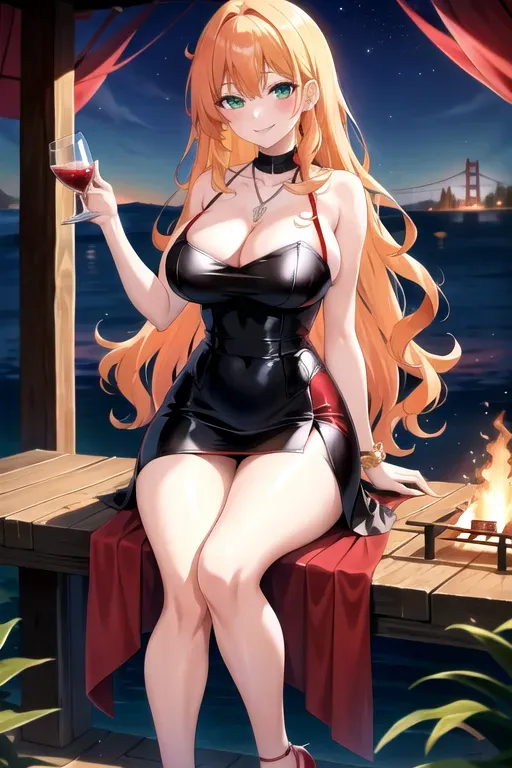 full body, strawberry blonde hair, green eyes, short girl, black high heels, looking at viewer, long hair, pale skin, silver necklace, 24 years old, giant breasts, cute face, pov, wavy hair, wide eyes, erotic, skirt tug, nighttime, slim body, sitting by lake, smiling, cleavage, 44F breasts, standing by campfire, red minidress, serving drinks, red miniskirt