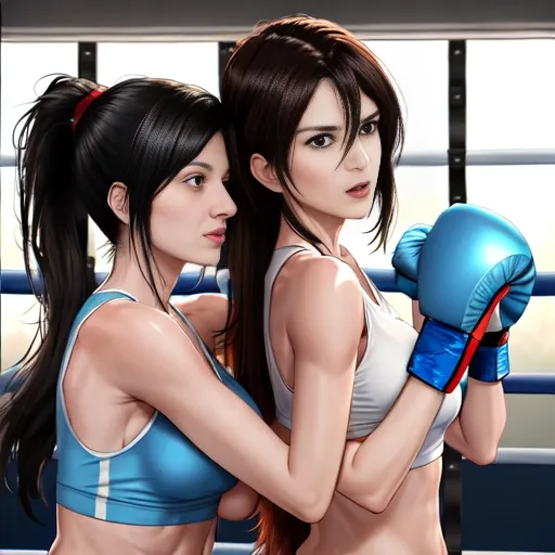 ((Dynamic poses of Couple 2 slender longhaired girls boxing in Lesbian pornography: 1.6))
This is a highly detailed digital illustration depicting two young women engaged in a boxing match. Both women are in their late teens or early twenties, The woman on the left has her hair tied back in a ponytail, while the woman on the right has her hair loose, cascading over her shoulders. They are both wearing athletic wear - the woman on the left is in a light blue sports bra and shorts, while the woman on the right is in a black sports bra and shorts.
The background is a minimalist, slightly blurred gym setting with light blue walls and a large window on the left, letting in natural light. The window has a white frame and a grid pattern. The floor appears to be made of a light-colored, smooth material, possibly wood or laminate. The lighting is soft and diffused, creating a warm and inviting atmosphere.
The women are in mid-action, with their fists clenched and arms raised in a defensive stance. The woman on the left is slightly leaning forward, while the woman on the right is in a more upright position. Their expressions are intense, with the woman on the left showing determination and the woman on the right displaying surprise or concentration. The illustration uses a realistic, hyper-realistic style with smooth,
Clara and Tatuli, long black hair, ((Small Breasts: 1.4))