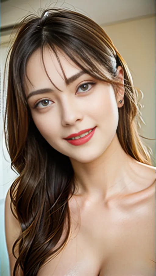 (high angle:1.2),smiling facial expression, (accurate face:1.5), textured skin, (long hair:1.2), big breasts, standing in swinging club, (eyeliner:1.3), looking at camera, perfect eyes, sharp focus on subject, dark hair, blue eyes, ((nude))