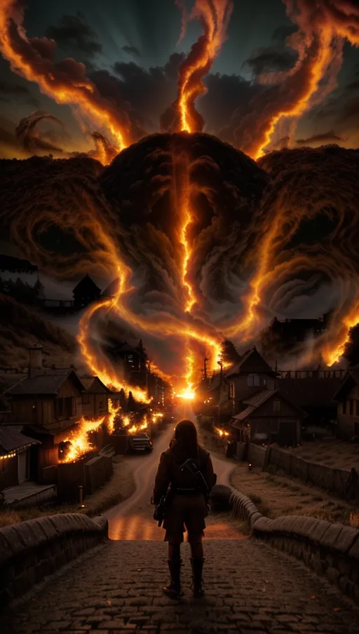 Sunset sky,
Burning sky,
Fiery sky,
The sunset is sprouting solar flare tentacles burning the dusk sky and the village beneath it