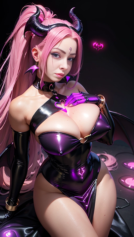 best quality, (((ultra high res))), (((detailed face and eyes))), (perfect face), big shining heart choker, earrings, jewelry, (((big glowing succubus mark))), ((((big glowing succubus bodymark)))), (((conjuring))), (witch), ((long voluminous hair)), (((black gloves))), ((pink hair)), straight hair, (((golden bracelet))), ((single ponytail)), (((huge hair cuff))), ((skintight neckholder dress with low neckline)), ((face closeup)), purple, (burgundy red lipstick), (((neckholder top with low neckline))), ((((demon tail)))), ((long sleeves)), ((purple glowing heart))