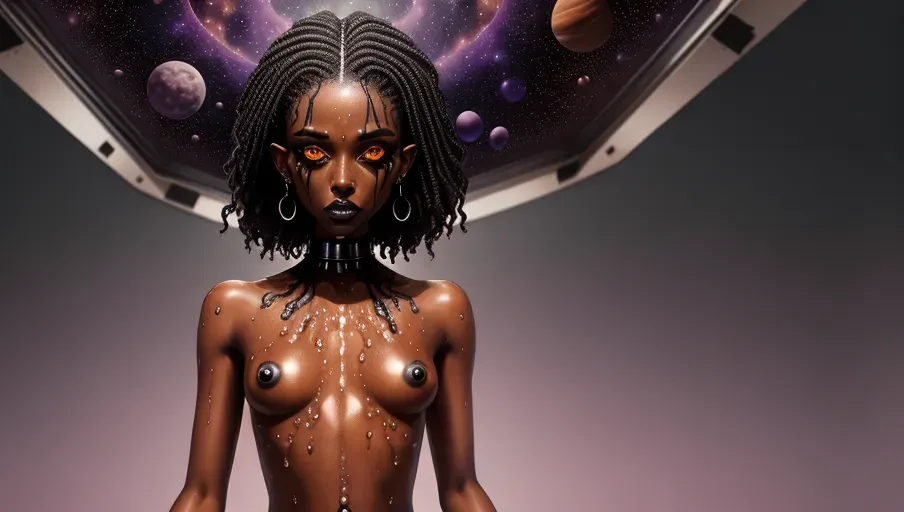 goth girl, brown skin, topless, wide areolas, outer space, beautiful, dripping wet, flat chest