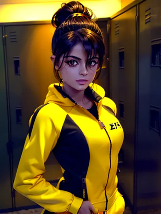 realistic HD photograph ((wide shot)), (((Bebe Rexha))) ((((accurate face)))),(((in a locker room)))(((wearing unzipped yellow tracksuit with black trim)))(((topless))),((very sexy pose)),(((small perky breasts))),(((zaftig athletic body)))((evil smirk)), (((messy haircut))), five slender fingers, beautiful face, beautiful lips,detailed large eyes,curved eyebrows,cgsociety,cinematic lighting,studio lighting,professional,editorial,<lora:dpmg_fingering:1.5>