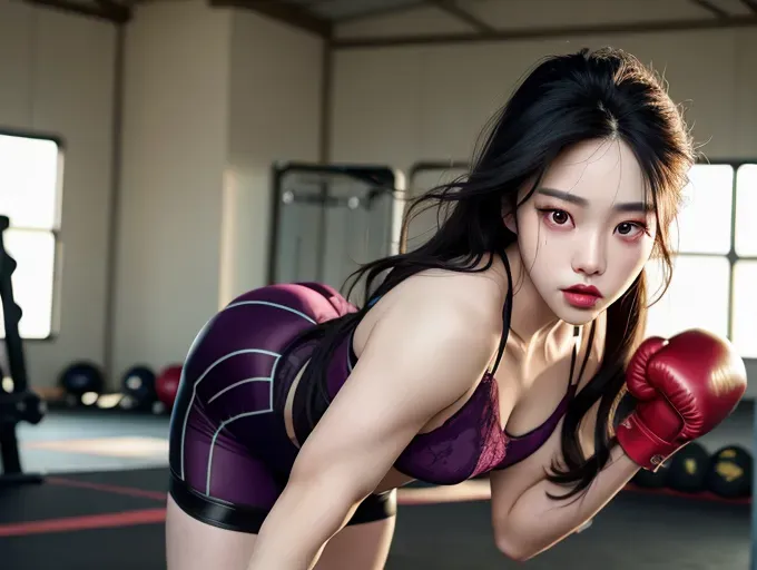 a highly detailed photo of, dpmg_asian_aesthetic_v1, (JinxLol:1.1),<lora:dpmg_lol_jinx:1>,best quality, ultra-hd, 8k resolution, 18 years old, light skin, beautiful face, perfect body, big rounded eyes, beautiful red lips, inocent face, highly detailed face, curved eyebrows, inocent face, correct anatomy, 8k, insanely beautiful, ultrarealistic, five fingers per hand, non nunde, freckles, ((detailed hair features)),((detailed facial features)),((detailed body features)),((detailed arms features)),(textured skin),((beautiful lips)),((highly detailed)),((8k resolution photo shot)), lace lingerie, lace sotcking, full body, trainning pants, ((masterpiece)), boxing gloves, fighting in the boxing ring, trainning at the gym, fighting a sandbag, punching, full body, wide shot