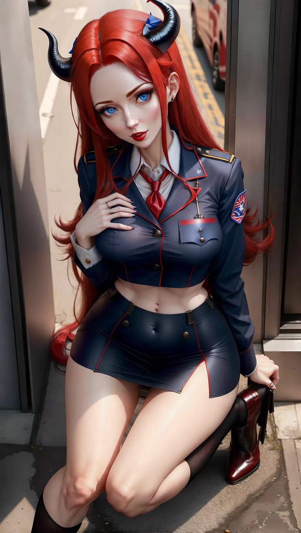 Petite cute postal worker, uniform, small breast, stomach exposed, long black and red hair, blue eyes, on her knees, view from above, demon horns