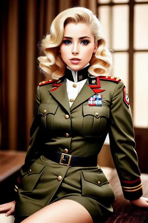 Butt view , beautiful girl , dressed with sovietic militar uniform , blonde hair , nice titties , great picture