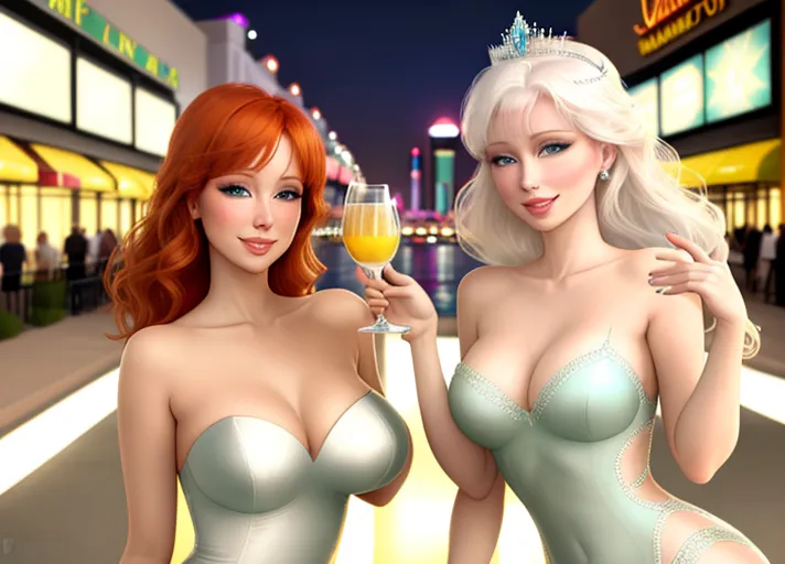 beautiful auburn haired Queen Anna in mint green dress and her platinum haired Sister, Elsa in white, with their beautiful sapphire eyes, visit dazzling Las Vegas Strip at night. Their warm sweet smiles brightening every day. After a long bit of partying and drinking, the sisters find themselves doing body shots off one another.
