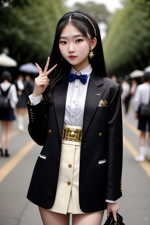 photo,16k, masterpiece, a cute college coed, well-dressed, wearing expensive designer clothes, prissy, snob, holding up middle finger, outside