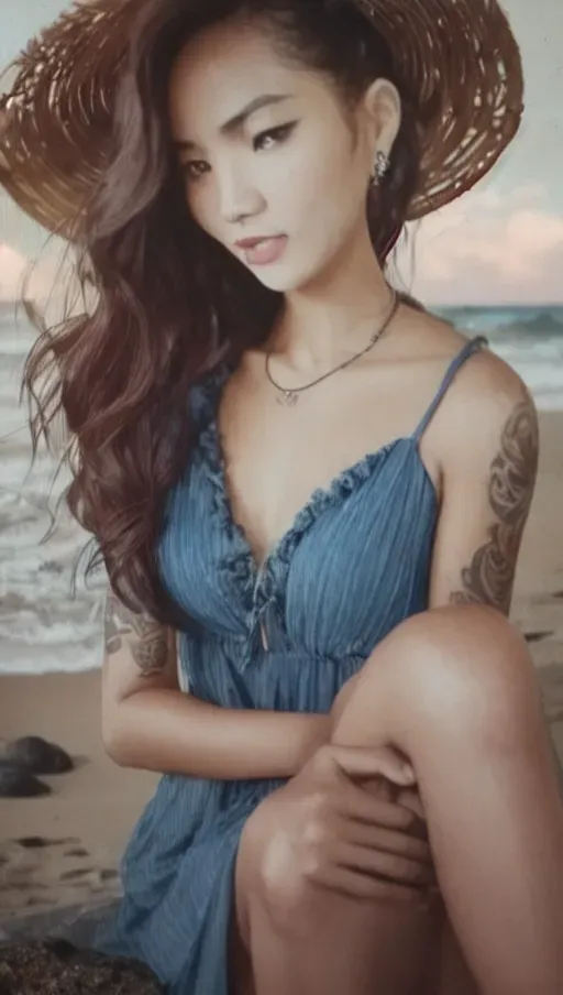 a photograph of,a philippine girl,wearing frock,sitting on bent knees,on the beach,amazing breasts,five slender fingers,fishtail hair,gorgeous face,beautiful lips,curved eyebrows,smooth skin,peaceful,tattoo,8k,editorial,surreal,ultra realistic,unreal engine