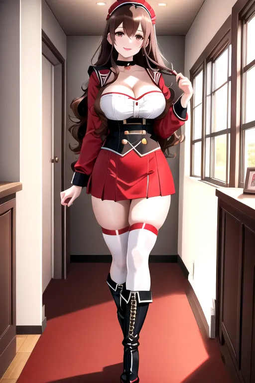 thigh high socks, miniskirt, red maid uniform, brown hair, choker, brown eyes, pale skin, giant breasts, boots, cleavage, high heels, looking at viewer, walking across room, living room, 1girl, smiling, wavy hair, 8K, Full body photo