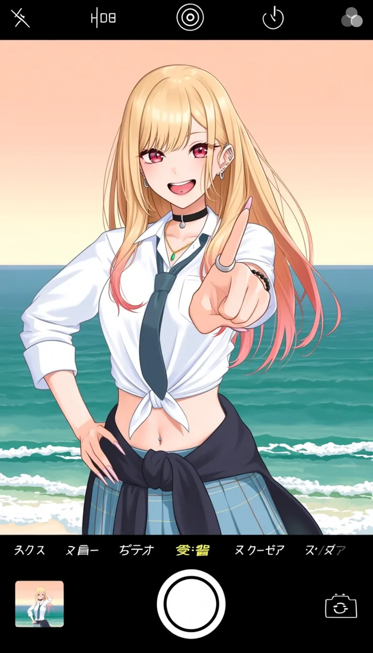 Painted by @matsu bokkuri. 1. Kitagawa Marin: The main focus of the image, positioned slightly off-center. 2. Blonde Hair: Long, flowing hair, with several strands seemingly floating. 3. White Short-Sleeved Shirt: Tied at the waist, revealing her midriff. 4. Pleated Blue Skirt: Worn around the waist. 5. Dark Teal Necktie: Loosely draped. 6. Black Choker: Around her neck. 7. Beaded Bracelet: Worn on her right wrist. 8. Multiple Piercings: Ear piercings (including a barbell and industrial piercing), and a tongue piercing. 9. Red Eyes: Striking color, contrasted against light hair. 10. Long Fingernails: Painted, noticeable due to length. 11. Sunset Sky: Gradient of peach, orange, and blue. 12. Calm Ocean: Bluish-green waves. 13. Beach: Barely visible in the background. 14. Index Finger: Pointed toward the viewer. 15. Open Mouth/Smile: Expressive facial feature. 16. Phone Screen Border/Interface: Surrounds the image, giving a “screenshot” effect. 17. Camera Icons: Various camera controls visible along the edges. 18. Thumbnail Image: A tiny image of what seems to be the same subject in a different pose.