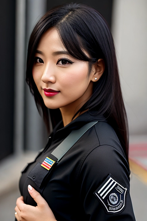 realistic_photo, photorealism, goddess, japanese, black_hair, dark_brown_eyes, medium_breasts, lipstick, eyeliner, (((tactical_black_clothes))), tactical_top, tactical_pullover, realistic, solo_focus, licentious smile, seductive poses, sfw, safe_for_work, small_breasts, thin, thin_body, ((bulletproof_west)), ((front_view)), , eye_contact, frontal_pose