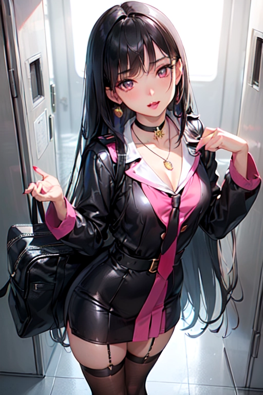 photorealistic, 8k, accurate face, (((detailed face))), (((replicate inspiration face))), full figure shot, shining eyes, female face, cute, 21 years old gorgeous, luxuriously long black hair, lipstick, bangs, small breasts, choker, necklace, pendant,
wearing pink stewardess outfit, in locker room,