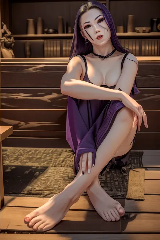 1girl, slender body type, full body , ninja, feudal japan::5, edo period, night::5, high res, small breasts::2, bare legs::5, green almond shaped eyes::2, thin parted lips::2, solo, ((masterpiece)),photo referenced::5, pale skin, purple eyeliner::5, tenchu::5, kunoichi::5, professional, ultra high res, kuugire, stealth, soft feminine facial features, button nose, dark kimono, 25 years old, seductive look, arrogant look, sinister look, moody lighting ,head tilt, detailed face and eyes, correct calf muscles::5 ,rose tattoo on thigh::5, correct feet anatomy::5 correct hand anatomy::5 , skin uncovered, short hair::5