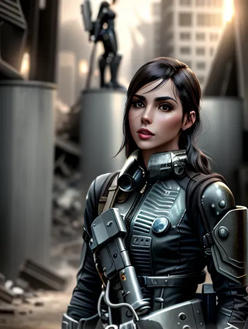 a realistic photograph, full length shot, gorgeous adult woman, beautiful young woman, from fallout 3, woman from vault 13, wearing vault suit, black boots, wearing goggles, standing, alone in the wasteland, surrounded by rubble, panoramic view of destroyed city, sexy pose, slim body, toned legs, intricate, highly detailed, digital photography, long dark hair, full body shot, (masterpiece, side lighting, finely detailed beautiful eyes: 1.2), hdr, <lora:more_details:0.2>, surreal, toned, slim, toned body, runner, curvy, medium breasts, five slender fingers, beautiful hairstyle, charming face, accurate face, beautiful lips, detailed large eyes, thick dark eyebrows, pale skin, long legs surreal, black high heeled shoes, highly detailed, smooth, sharp focus,8k,