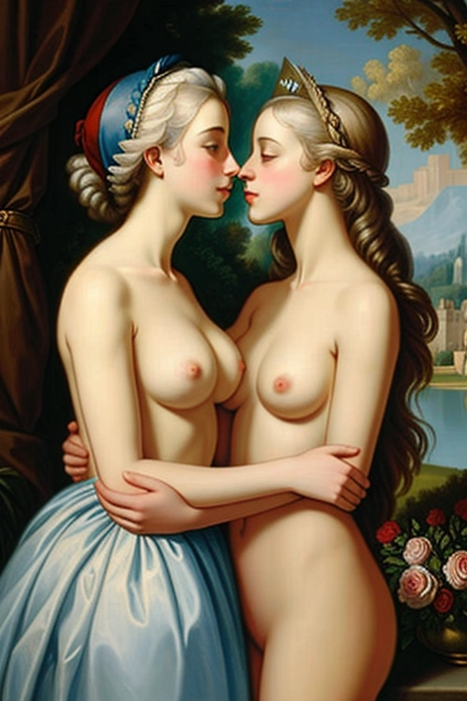 Two women. a digital painting of, aa young Marie Antoinette and Gabrielle de Polignac, ((naked)), kissing and embracing in front of a chateau, swimmer, roses