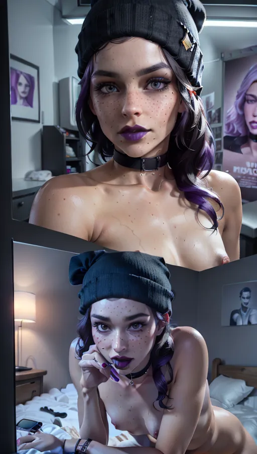 photorealistic, 8k, accurate face, (((detailed face))), (((replicate inspiration face))), freckles, black lipstick, wearing black beanie, collar,
<lora:dpmg_photo_compare:1> ,phone, cellphone, smartphone, holding, Nude,
location is bedroom with purple lighting, movie posters on wall, messy bed,