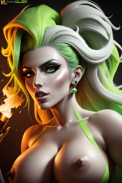 (Alexa Dellanos) (4k headshots) 1 woman, lime green hair, large breasts, toned body, green eyes, white skin, lifelike, flames, smoke, explosions