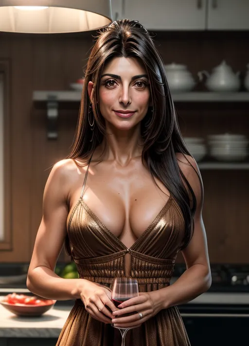 8k photograph of,((Silvia Colloca Italian-australian actress opera singer and chef)), tall thin body, olive complection, ((flat-chested)), (((beautiful tiny natural tits))), (small_breasted:1.3), (realistic accurate Silvia Colloca body proportions:1.3), A-cup tits, dark brown beautiful nipples, symmetric beautiful glossy brown eyes, long thick hair, charming realistic face, accurate facial features, beautiful lips, brown eyes, curved eyebrows, curved eyelid, erotic, realistic pussy, four anatomically correct pretty fingers and one anatomically correct pretty thumb per hand, studio lighting, surreal, ultra realistic, sharp focus, cgsociety,
wearing gold wedding ring on ring finger of left hand, dressed in a casual red and brown patterned sundress, standing in a kitchen, chopping vegetables at a cutting board, ((drinking from a glass of red wine)),
(<lora:dpmg_add_detail:0.8>),
(8k RAW photo), (best quality), (masterpiece:1.3), (photorealistic), hair highlighted, UHD, Nikon Z5, (35-80mm zoom lens), (((zoomed out:1.3))), f1.8, sharp focus, tack sharp, dof, film grain, bokeh, Fujifilm XT3, (((dramatic lighting))), subsurface scattering, volumetric lighting, focused, intricate detailed background, dramatic pose, dramatic pov, dramatic angle, dramatic lighting, cinematic composition, (cinematic lighting:1.3), HDR, (highest quality:1.8), highest resolution, (photorealistic:1.72), -s 55, -A k_dpm_2,
