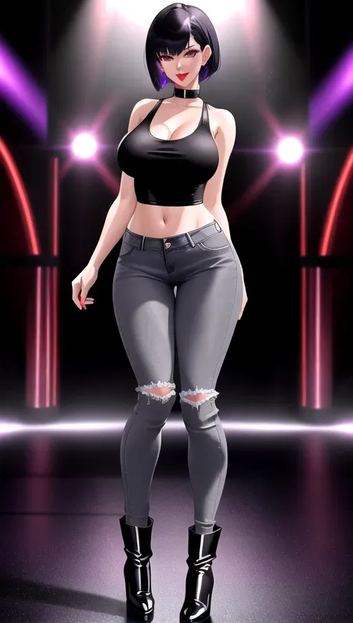 8k high detail, masterpiece, nightclub dance floor, detailed background, full body photo of, 1girl, beautiful, long slender legs, large breasts, shiny black pixie haircut, large detailed bright purple eyes, red lips, beautiful lips, black tank top, tight gray denim jeans, black leather boots, standing