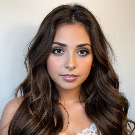 a beautiful young (teenage) girl with long wavy brown hair, (largest brown eyes:1.2), realistic, masterpiece, long eyelashes, mascara, facing foward