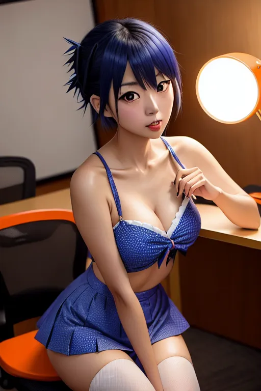 a oil painting of,chitoge kirisaki,wearing halloween clothes,sitting on bent knees,at the office,small breasts,five slender fingers,short hair,gorgeous face,beautiful lips,blue eyes,curved eyebrows,curved eyelid,smooth skin,romantic,wearing golden ring,artstation,studio lighting,cinematic lighting,pixiv,ultra realistic