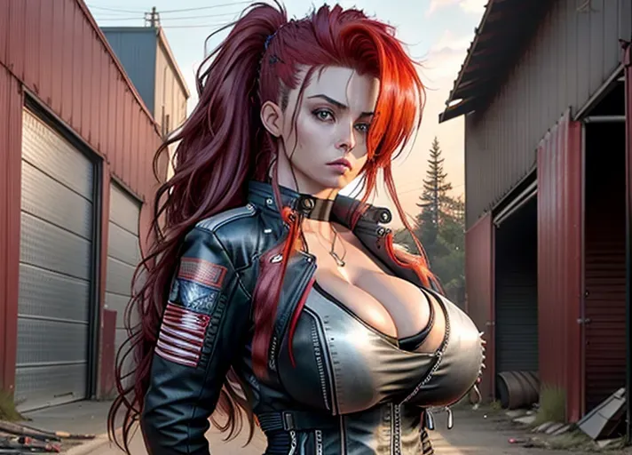 a high resolution photo of a gorgeous woman, looking at the viewer. high quality, best quality, high resolution, zombie apocalypse, apocalypse, apocalypse setting, environment, dim lighting, mood lighting, dark lighting, garage setting, garage, (arms behind back), (arms reaching behind back), (hands behind back), (hands reaching behind back), caucasian, pale skin, fair skin, long hair, wild haircut, wild hairstyle, red hair, detailed skin, (thick thighs), (muscular legs), narrow waist, slender waist, (cleavage), (survivor), (biker outfit), (motorcyclist outfit), (biker jacket), (cleavage overflowing), muscular, (scared), (huge breasts), (massive breasts), (enormous breasts), (gigantic breasts), (face out of shot), (face hidden from view), (body shot), (body focus)