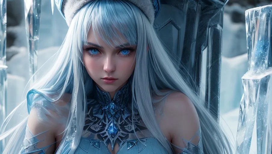 high quality (photo_realistic:1.2) hyperreal, (a close up portrait of a mature woman sitting on an ice throne in an ice cave), (realistic long straight blue hair with bangs and military hat, incredibly skimpy cocktail dress with ice crystals and shards:1.2),
(Correct anatomy), slender and muscular, (detailed view of young russian face with bright blue eyes looking at viewer with serious expression:1.16), beautiful thin lips neutral experssion,
(majestic and dominating, ethereal, faded cold blue color with ice crystals ice cave background:1.2), hyperrealistic pale skin, (esdeath from akame ga kill, (chest tattoo):1.15),
<lora:dpmg_add_detail:0.75>, (amateur photography, soft focus:1.03), (high resolution masterpiece, icy blue night photography:1.35), anime-like, bad photography, bad lighting, feminine, boss aura, majestic,