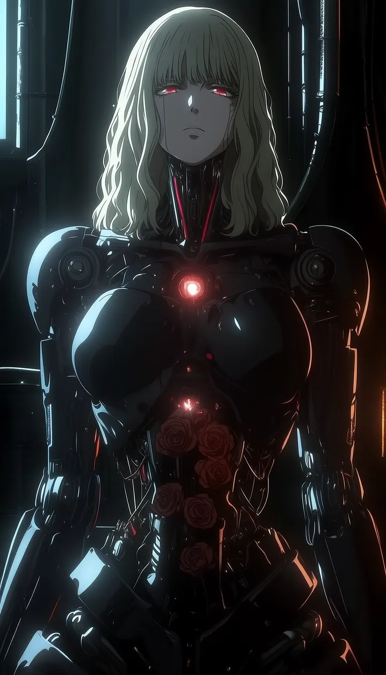 dark_art_style, 1girl, solo, cyborg, android, mechanical body, robotic parts, cybernetic, biomechanical, detailed machinery, exposed joints, glowing core, chest core, long hair, blonde hair, wavy hair, red eyes, sad expression, melancholic, looking at viewer, roses, red roses, flowers, contrast, delicate and mechanical, futuristic, sci fi, cyberpunk, industrial background, pipes, metal, high detail, intricate, cinematic lighting, soft lighting, moody atmosphere, anime style, masterpiece, best quality