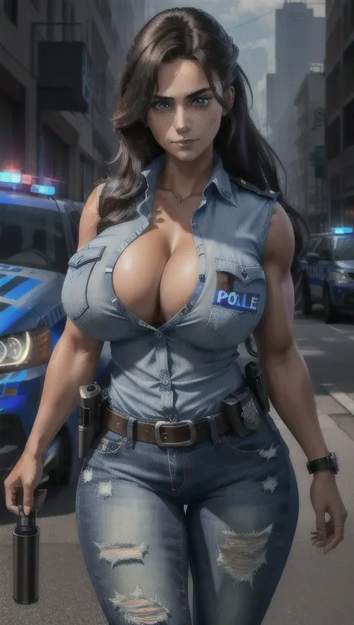 a high resolution photo of a gorgeous woman, looking at the viewer. high quality, best quality, high resolution, night time, night setting, apocalyptic setting, perfect eyes, perfectly detailed eyes, long hair, black hair, wild haircut, wild hairstyle, freckles, detailed skin, dark, (thick thighs), narrow waist, slender waist, ((police officer)), ((police officer uniform)), ((button up shirt)), ((unbuttoned shirt)), ((jeans)), ((very muscular)), ((ripped sleeves)), ((sleeveless shirt)), ((massive breasts)), ((gigantic breasts)), ((enormous breasts)), ((overflowing breasts)), ((ineffective clothing)), ((cleavage)), ((thick thighs)), ((muscular)), (symmetrical eyes), (highly detailed eyes), (perfect eyes), brown eyes, (((huge breasts))), ((breasts bigger than head)), 4k resolution, highest resolution, max resolution, maximum resolution, serious expression, smile