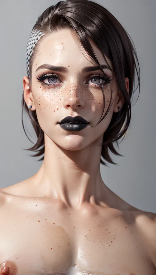 photorealistic, 8k, accurate face, (((detailed face))), (((replicate inspiration face))), freckles, black lipstick, grey eyes, brown hair, (((male body))), female face, humiliated,