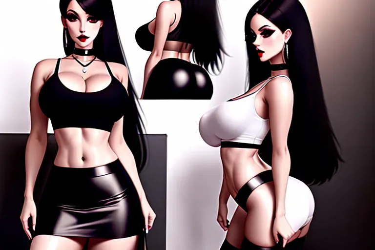Goth,black clothing,large breasts,skinny,white,black choker,big ass,short skirt,crop top, black crop top,long black hair,black thigh highs,sexy,beautiful,high detail,high resolution,