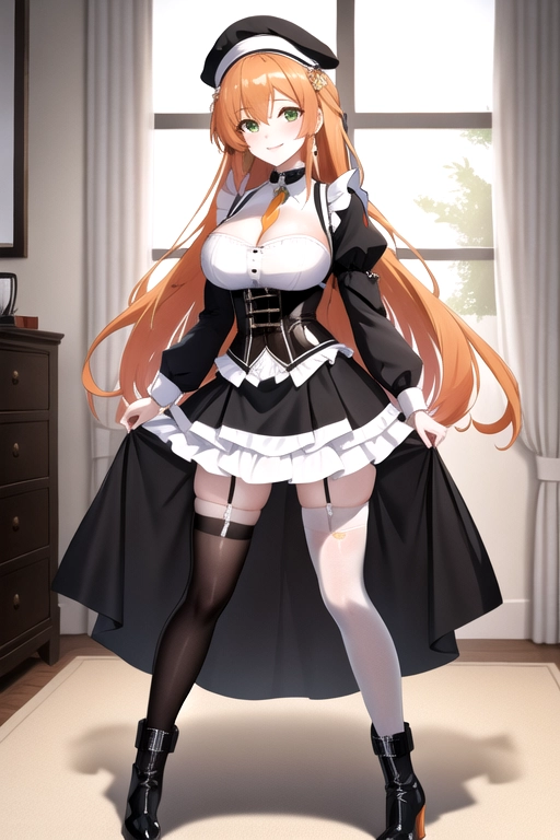 long hair, pale skin, orange hair, green eyes, black choker, giant H-cup breasts, wavy hair, white maid uniform, smiling, full body photo, 28 years old, miniskirt, cleavage, high heels, corset, 8k quality, boots, in living room