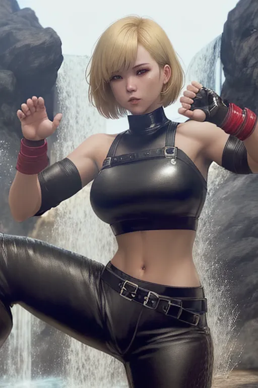 black desert online, fantasy human female martial artist, short blonde bob cut hair, wearing a dark red crop top and black leather pants, waterfall background, martial arts stance, martial arts pose, caucasian facial features, mature beautiful face,