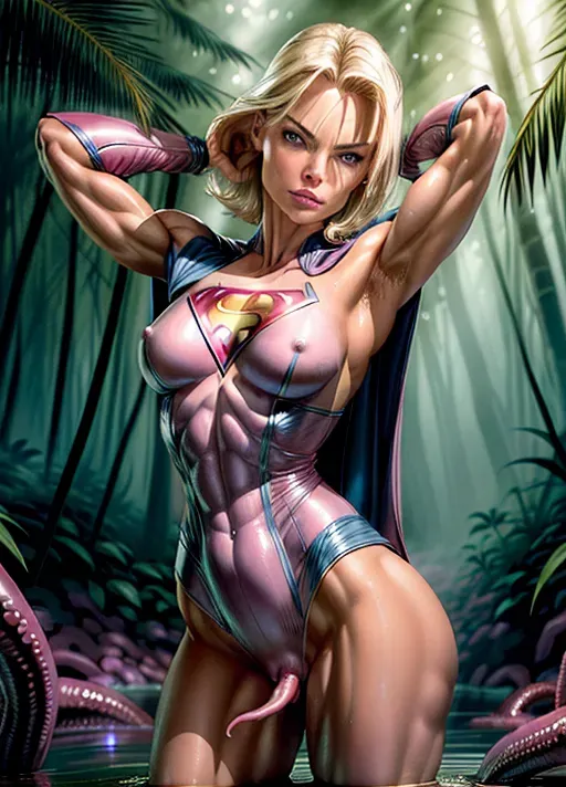 female superhero, perfectly cut hair reaching to neck, very short straight white hair, (young Jaime Pressly:1.2), (accurate face:1.4), small nose, high cheekbones, (beautiful peering eyes:1.2), full lips, small breasts, minor cleavage, erect nipples, purple and blue superhero costume, sleveless costume with exposed arms and short sexy skirt, long cape, costume straining against breasts, short sexy gloves, toned body, abs, narrow waist, knee high boots, flexible and sexy pose, pussy camel toe, pubic hair cut like landing strip, sensual and mysterious smile, (NSFW:1.2),
advancing through warm exotic jungle, murky shallow water, detailed dense and hot humid jungle with luminous vegetation, big trees, sweaty hair, body shining of sweat, scouting,
(superhero is attacked by several pink tentacles:1.4), (slimy tentacles are attacking from all around:1.2), (tentacle wraps arms and legs:1.2), arms pinned by tentacles,
(an ultra realistic photograph:1.2), <lora:dpmg_add_detail:1.2>, artificial light, highest quality, highest resolution, (photorealism:1.0), (masterpiece:1.2),
high definition, 8k quality, cinematic composition, cinematic lighting, great shading, awesome detail.