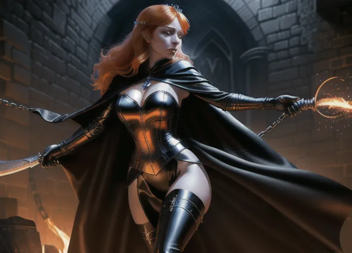 Sweet bright cheerful beautiful elegant auburn haired in a low hanging bun wide sparkling sapphire eyed Queen Anna of Arendelle in black sexy leather and satin attire with a full length cape its raised large hood obscuring her features in deep shadows as she lashes out with a woven leather whip against a prisoner chained-up in a dark dungeon.
horror