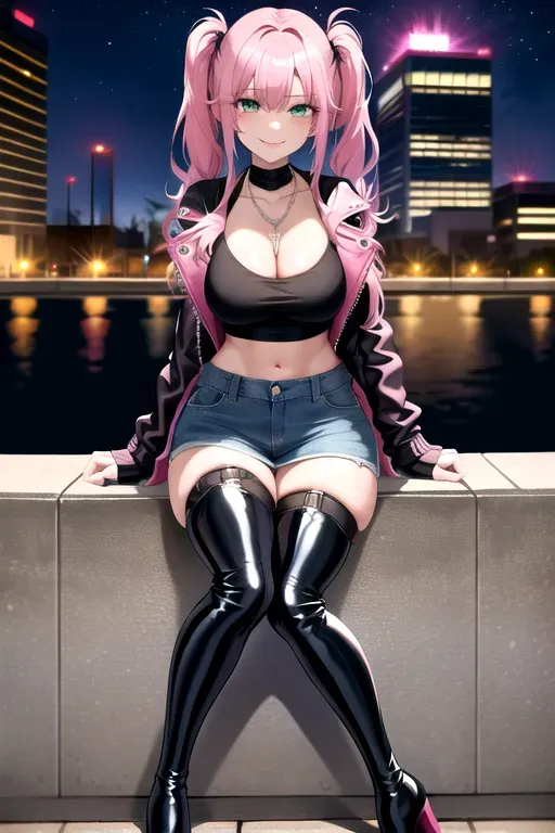 full body, pink hair, green eyes, short girl, denim miniskirt, black high heeled boots, looking at viewer, long hair, pale skin, silver necklace, black crop top, 24 years old, giant breasts, cute face, pov, wavy hair, city environment, Oklahoma City, wide eyes, erotic, skirt tug, leather jacket, nighttime, black backpack, slim body, low pigtails, sitting on wall, smiling, thigh high boots, cleavage