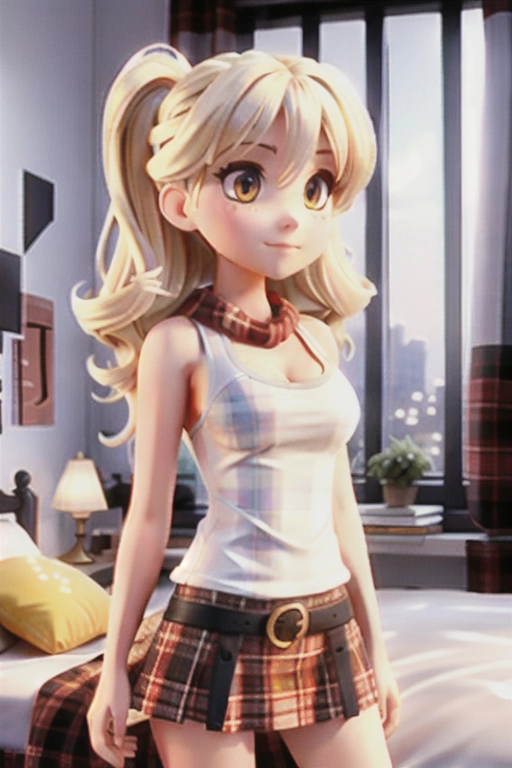 4k quality, black tank top, high heels, red plaid miniskirt, yellow eyes, pale white skin, white hair, lying on bed, giant breasts, cleavage, looking at viewer, pov, long hair, wavy hair, looking out window, pigtails, slim body, red scarf, gold earrings, looking down shirt, lying on back, cute, full body photo
