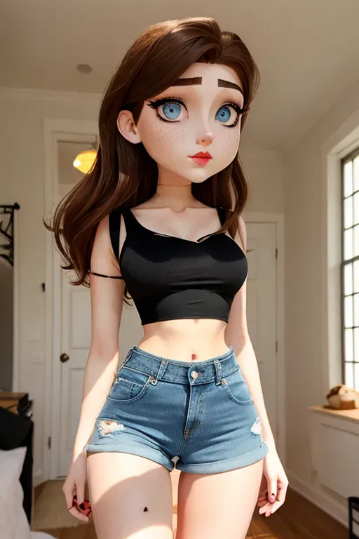 Oval heart face shape, angular jawline, barely visible freckles on the cheeks, height: 5 feet 3 inches, pale skin, brown hair, blue eyes, hair that just goes past her shoulders, rectangle-shaped figure, pronounced hips, good shoulders, and a well-defined waist, c cup, shaved pussy, plain black tank top, chocker, jean shorts, amazing ass, black lipstick, black smokey eye, whole body,