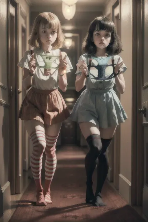<lora:dpmg_presenting_panties:1> 2girl, presenting panties, striped panties, masterpiece, best quality, highly detailed, young The Grady Twins, in The Shining movie hotel hallway, 8k, pouting, standing together, knee-high socks, carpet