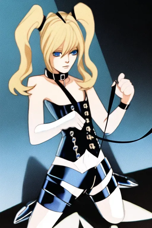 Femboy, blonde hair, blue eyes, collar and leash